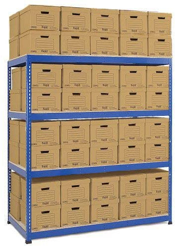 Horison Industries Garage Racking with Boxes, Box Shelving Unit, Garage Storage Solutions with Boxes, Shelving Units - Double Sided Archive Storage Blue, Brown Bin with 80 Boxes - 1830x2100x915mm