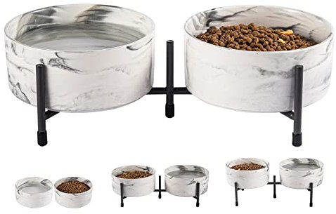 TAMAYKIM 32 oz Ceramic Dog Cat Bowls with Elevated Metal Stand, 6 Inch Porcelain Round Food and Water Bowl Set, Non-Slip Pet Feeder Bowls for Cats & Dogs, Marble Grey, Set of 2