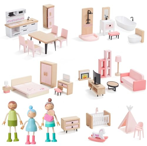 Giant bean 36pcs Wooden Dollhouse Furniture Set with Dolls for 5 Rooms, Wood & Plastic Pink Dollhouse Accessories Pretend Play Furniture Toy Christmas Birthday Gift Toy for Kids Boys Girls Toddler 3+