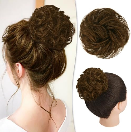 RUWISS Unordentlicher Haarteil 100% Echthaar Rose Dutt für Frauen Echthaar Scrunchies Hochsteckfrisur Haarteile Gelockt Bun Verlängerung Pferdeschwanz Unordentlicher Brötchen(Schokolade Hellbraun)