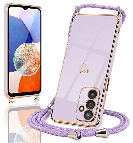 Micoden Handykette kompatibel mit Samsung Galaxy A14 5G,Ultra dünn Kameraschutz Herz Love Design Galvanik TPU Silikon Bumper Kordel zum Umhängen Handyhülle mit Band Schutzhülle,Lila