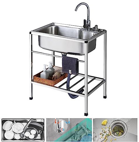 Fregadero de acero inoxidable independiente Fregadero de restaurante comercial Fregadero industrial grande de un solo tazón para exteriores para restaurante, garaje, lavadero