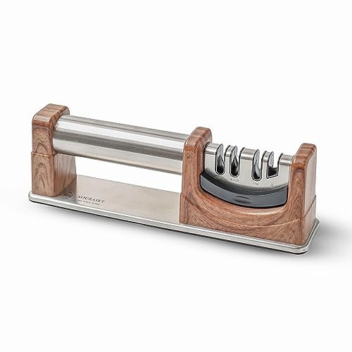 Noura Sky Knife Sharpener 4 in 1 | Kitchen Knives & Scissors | Professional 3 Stages Manual Knife Sharpening | Non-Slip Base (Wooden Color).