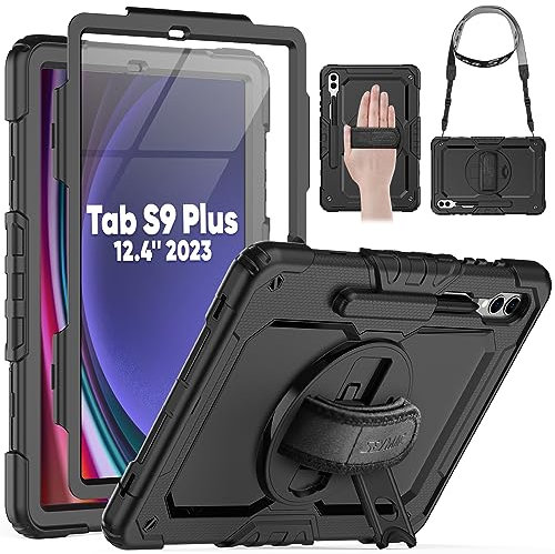SEYMAC Hülle für Samsung Galaxy Tab S10+ Plus / S9+ Plus 12,4 Zoll 2024/2023, Stoßfeste Hülle mit Displayschutz, 360° Drehbarem Ständer/Handschlaufe, Schultergurt, mit Stifthalter, Schwarz