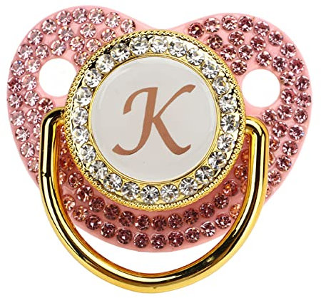 Asixxsix Goldener Baby-Schnuller Strass-Buchstabe Bling Baby-Schnuller Personalisierter Bling-Schnuller Gebogener Silikon-Schnuller mit Kettenclip für Babyparty-Neugeborenenfotografie