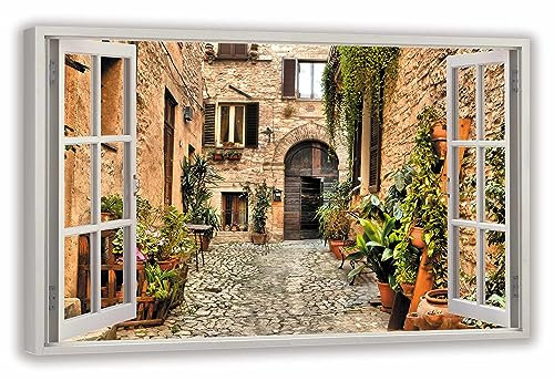HUBDECO Leinwandbild Fensterblick Spanien-Straße Bild 120x80 cm - Landschaftsbilder auf Leinwand - Wandbilder Wohnzimmer - Bild Fenster mit Ausblick - Aesthetic Room Decor - Wanddeko Schlafzimmer