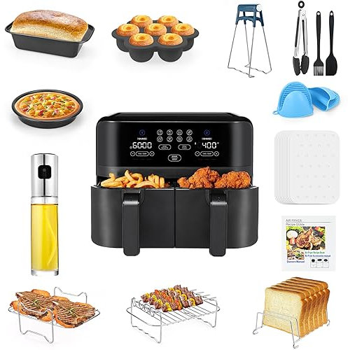 Dual Air Fryer Accessories15PCS, 304 Stainless Steel Grilling Rack Compatible Ninja Foodi AF300UK, AF400UK, Tower T17088, Salter Zone Deep Fryers 7.6L-9.5L, Including 100pcs Paper Liner