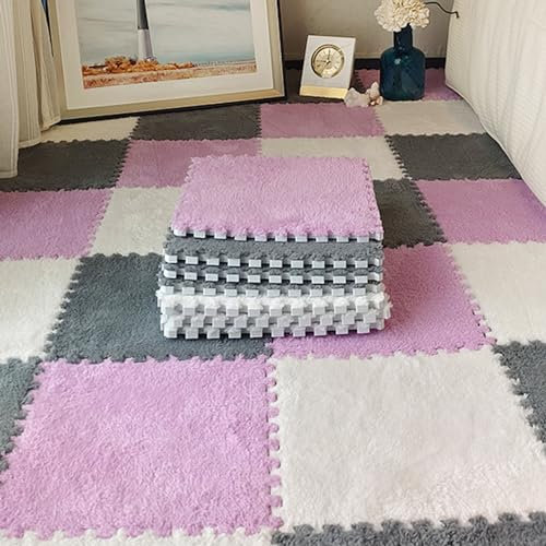 150 Stück Ineinandergreifende Teppichfliesen, Plüsch-Puzzle-Schaumstoff-Bodenmatte, Teppiche, 11,8 Zoll Weiche, Flauschige Spielmatte, Spielmatte, Schützende Bodenfliesen(Color:weiß+grau+ lila)
