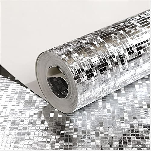 HimYKEA Modern Silver Foil Mini Mosaic Background Flicker Wall Paper Roll/Hotel Ceiling/Home Decorative Wallpaper Roll Silver Colour 1.73'W x 32.8'L