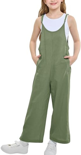 Rolanko Girls Jumpsuit Adjustable Spaghetti Strap Loose Overalls Rompers, Cotton Baggy Plain Playsuits with Pockets for Age 5-12 Years, Green, Size: 10-11 Years, 150