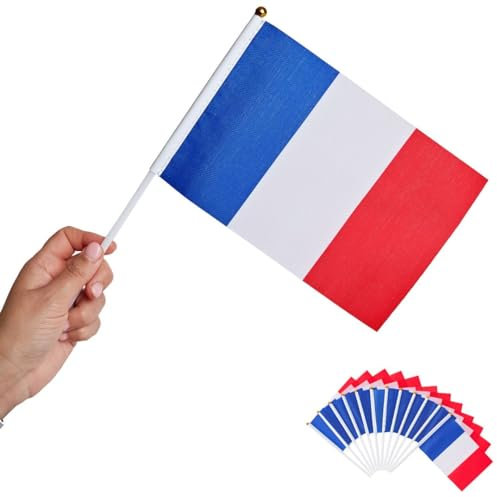 Runesol Pack de 12 Banderas Francia, 14cm x 21cm, Bandera de Mano Internacional, Francesa, Bandera en un Palo, Decoración de Banderas, Deportes, Eventos, Celebraciones