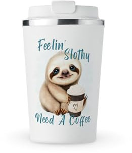 MAXIKIWI Isolierter doppelwandiger, auslaufsicherer Edelstahlbecher, Kaffee- oder Tee-Reisebecher mit Deckel, hält Getränke heiß und kalt, süßes Faultier-Faultier braucht Kaffee, 350 ml