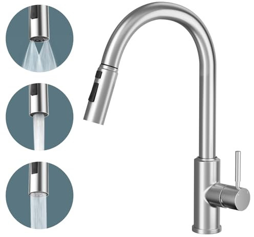 Warmiehomy Kitchen Tap 3 Way Kitchen Taps Mixer with Pull Out Spray,High Arc 360° Swivel Single Handle 1 Hole Pull Down Sink Taps Stainless Steel,Brushed Nickel