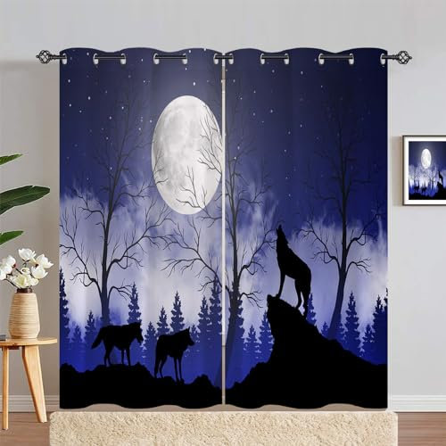 ANHOPE Wald Tier Wolf Mond Vorhänge mit Ösen Kinder Jungen Mädchen Gardinen Blickdichte Thermo Vorhang Blackout Curtain Schlafzimmer Wohnzimmer Verdunklungsvorhänge 2er Set H 200 x B 140 cm