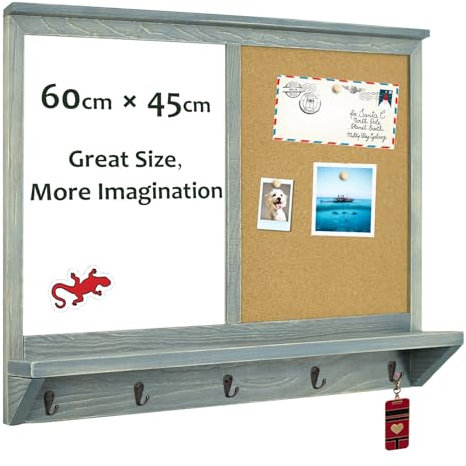 Umtiti Tableau blanc mural 45 x 60 cm et panneau en liège avec crochets, tableau blanc et tableau d'affichage, bois de pin massif, cadre gris vintage (ZSB-4560GY)