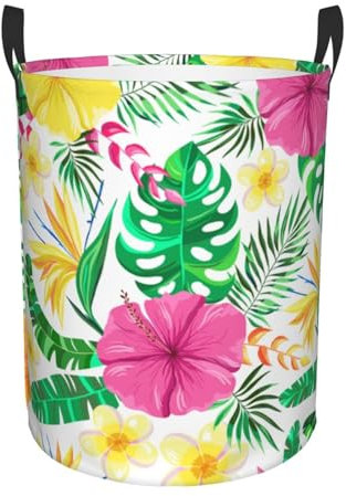 Panier à linge, feuilles de palmier tropicales et fleurs, panier à linge en tissu imperméable avec poignées, panier de rangement pliable