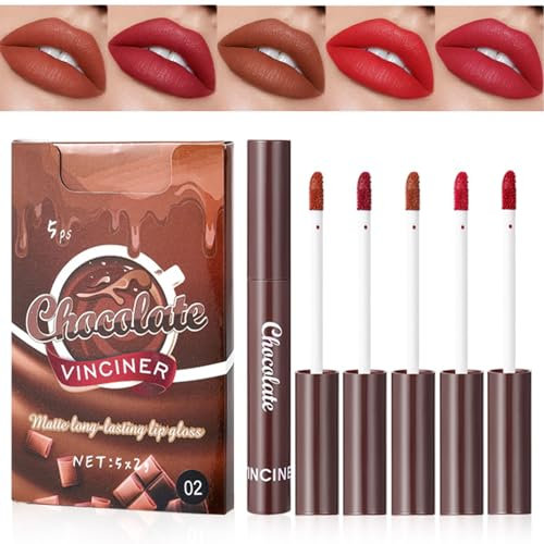 5 Farben Diamond Glitter Lip Gloss Collection Make-up-Set, Butter Plump Gloss Long Lasting High Shine Shimmer Liquid Lipstick Set, Chocolate Velvet Nude Matte Moisturizing Fat Lip Oil Not Fade (SetB)