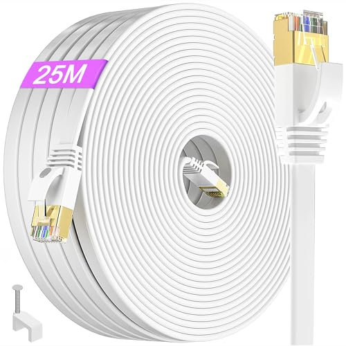 Cable Ethernet 25 Metros, Cat 7 Cable de Red Exterior FTP Blindado Cable Rj45 Plano Lan Cable Network 25m Cable Wifi Gigabit Blanco 10000Mbps 600MHz Alta Velocidad Cable Internet para Enrutador Módem
