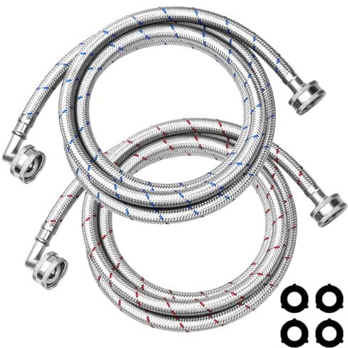 puxyblue 6FT Stainless Steel Washer Hoses with 90 Degree Elbows Premium Stainless Steel Burst Proof Red and Blue Hot & Cold Water Connection Inlet Washer Supply Lines(2 Pack)