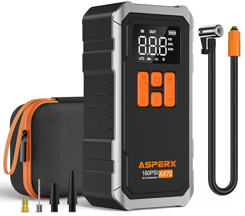 AsperX Compresor de aire inflador de neumáticos inalámbrico de 160 PSI, bomba de aire portátil recargable con pantalla LCD, apagado automático, luz LED y funda de transporte, inflado rápido para