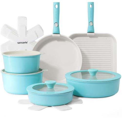 SENSARTE Ensemble de casseroles et poêles en céramique 17 pièces, ustensiles de cuisine avec poignée détachable antiadhésive, ustensiles de cuisine à induction avec poignée amovible, passe au
