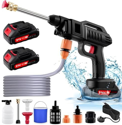 1500W Cordless Pressure Washer, 21V Handheld Washer Kit, High Pressure Washers for Car Floor Gardening Cleaning, Cordless Power Washer with 2 Nozzle, 16.5ft Hose, 2 Batteries, with Bucket