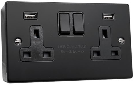 SHP ELECTRICAL® 2 Gang 13A Socket with Dual USB (3.1A Total) – FASTCHARGE | Matt Black Metal Finish with 35mm Surface Box | Type A & A USB | BS Certified Wall Outlet