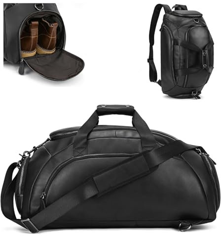 LUUFAN 3 in 1 Echtes Leder Reisetasche Garment Duffel Bags, Vielseitige Convertible Rucksack Carry on Gym Handtasche mit Schuhfach Schultertasche für Erwachsene Männer & Frauen, Schwarz