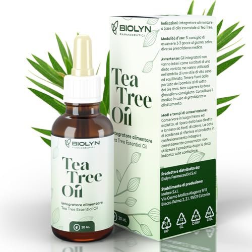 Tea Tree Oil Biolyn 20ml - Olio Essenziale Puro di Melaleuca - Integratore Alimentare Naturale - Ideale per Problemi della Pelle e Cura dell'Acne - Qualità Farmaceutica Certificata - Made in Italy