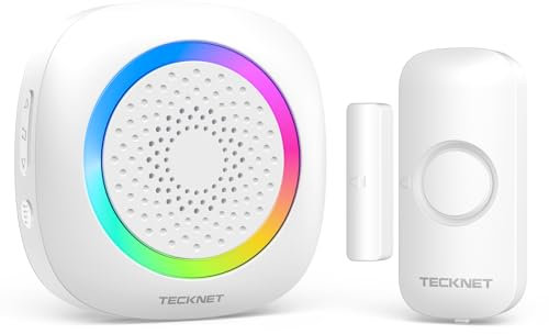 TECKNET Wireless Door Sensor Alarm Chime, 1000ft Operating Range, 61 Chimes, 5 Adjustable Volume with Mute Mode RGB Indicators, Magnetic Door Alarm Sensor for Home Store Office Security
