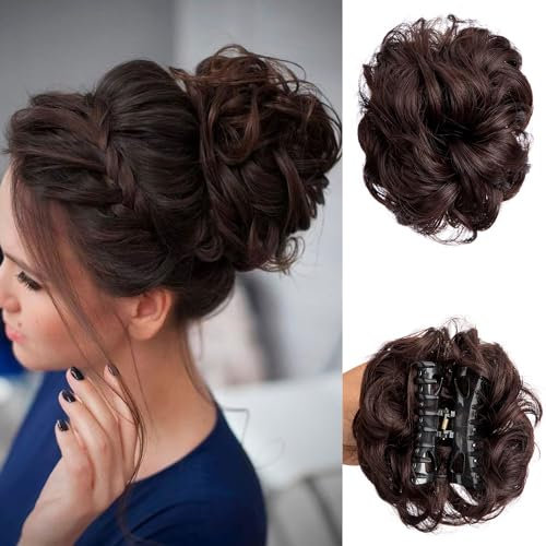 Haarklammer, unordentlicher Dutt, zerrissene Hochsteckfrisuren, Haarverlängerung, elastisches Haarband, lockiges Haar, Dutt, Haargummi für Damen, Dunkelbraun