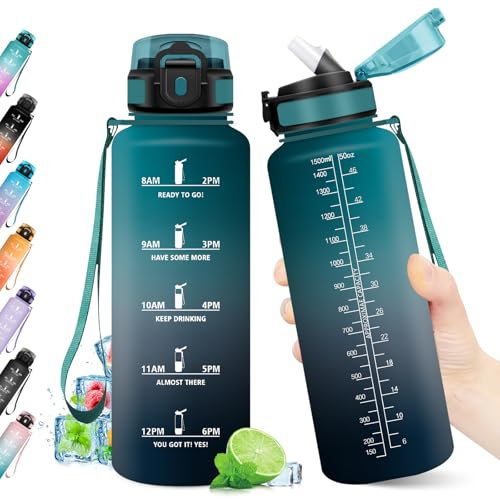 KollyKolla Cantimplora 1.5L, Botella de Agua con Marcador de Tiempo, con Pajita, Botella Deportiva Antiderrame Reutilizable, sin BPA para Adulto, Running, Cámping, Oficina, Bicicleta, Fitness
