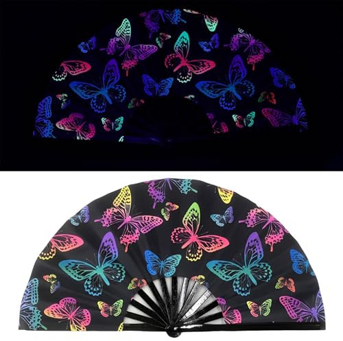 KFSCIP 1Pcs Butterfly Style Folding Hand Fan, Rave Fan with Fluorescent Design, Portable Performance Prop for Music Festivals and Dance Performances, 65 x 34 cm