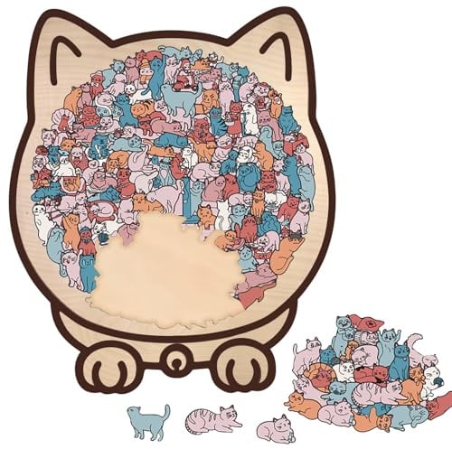 Simsky 135-Teiliges Holzpuzzle in Katzenform, Morandi-Farben | Mit Aufbewahrungsrahmen | Einzigartiges, herausforderndes Puzzle für Erwachsene & Kinder | Geschenk für Katzenliebhaber & Wohn-Deko