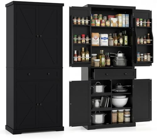 COSTWAY Küchenschrank hoch, 184 cm Vorratsschrank für Küche, Buffetschrank mit 4 verstellbaren Regalen, 2 Schiebetabletts, 4 Türen & Schublade, Aufbewahrungsschrank freistehend für Esszimmer (Schwarz)