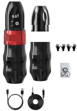 Wireless Tattoo Machine Kit with Extra 38mm Grip 2400mAh Battery 40pcs Mixed Cartridge for Artists Easy to Use(Red one Battery)