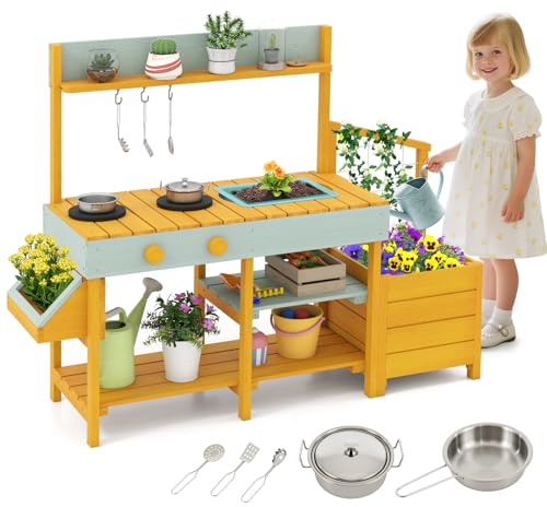 GYMAX Kids Mud Kitchen, Children Potting Bench Table with Removable Sink, Planter Boxes, Stoves, Trellis & Cooking Accessories, Outdoor Fir Wood Toy Kitchen for 3 Years Old+ (Yellow + Light Green)