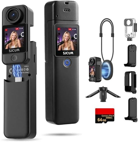 SJCAM C300 4K Vlogging Camera, 7Hour Power,Pocket Action Camera Waterproof | 6-Axis Stabilization Camcorder, 154° FOV Travel Handheld Camera for Outdoor, vlog camera with 64GB Card,Black