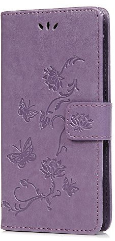 Thoankj Compatible with Huawei P Smart Phone Case, PU Leather Flip Notebook Wallet Cover Embossed Lotus Butterfly with Stand Card Holder Slot Folio Bumper Case for Huawei P Smart 2018 Light Purple