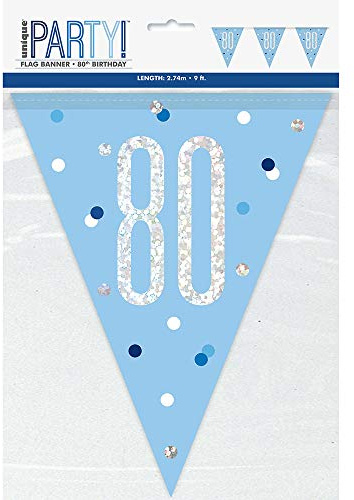 Unique Party 83444-9ft Glitz Blue & Silver 80th Birthday Bunting Banner