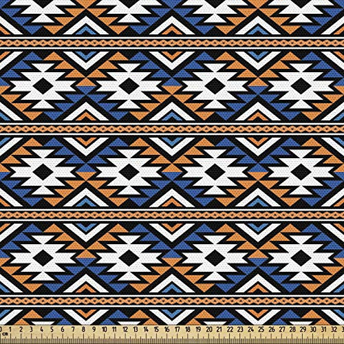 ABAKUHAUS Boho Gewebe als Meterware, Geometrisches Muster, Dicht Gewebter Stoff zum Nähen Polster Wohnaccessoires, 3M (148x300cm), Orange Blau und Weiß