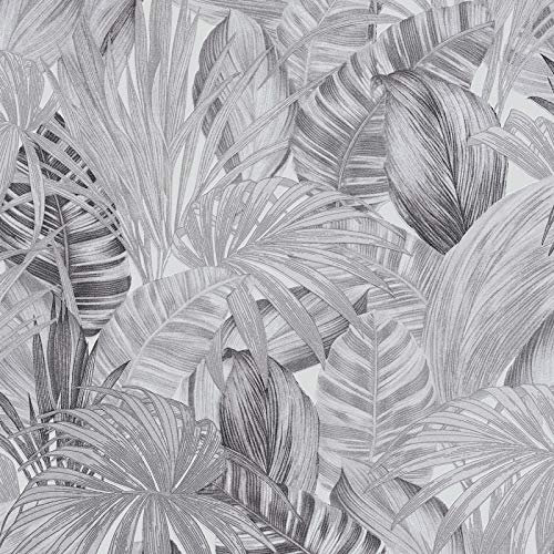 Papier peint feuille de palmier | Papier peint gris chambre, salle de bain & salon 36820-3 | Papier peint jungle intissé vinyle contemporain