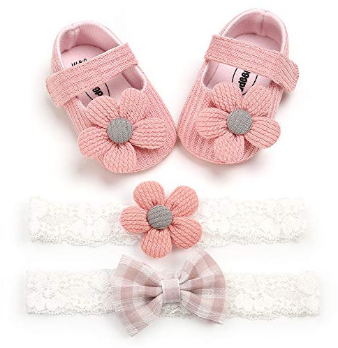 Loalirando Scarpe Neonata 0-18 Mesi Set Regalo 3 Pezzi Fascia Capelli Neonata Regalo Battesimo Bimba Scarpe Anti Scivolo Fiore Suola Morbida Neonato Accessori (Rosa, 6-12 Mesi)