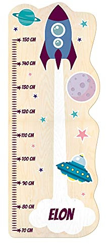PrintPlanet® - Holz-Messlatte mit Namen gestalten - Messlatte für Kinder personaliseren - Motiv: Rakete