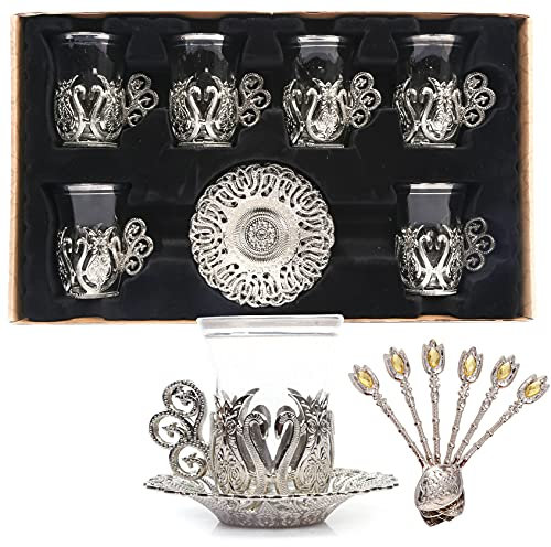 Alisveristime Lot de 6 verres à thé turcs faits à la main avec soucoupe et cuillère (ottoman) (argent)