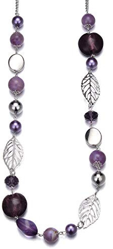 Bulinlin Damen Lange Perlenkette Statement Boho Silber Metallkette Hochzeitstag Modeschmuck Geschenke Pullover Halskette für Frauen(24-Purple)