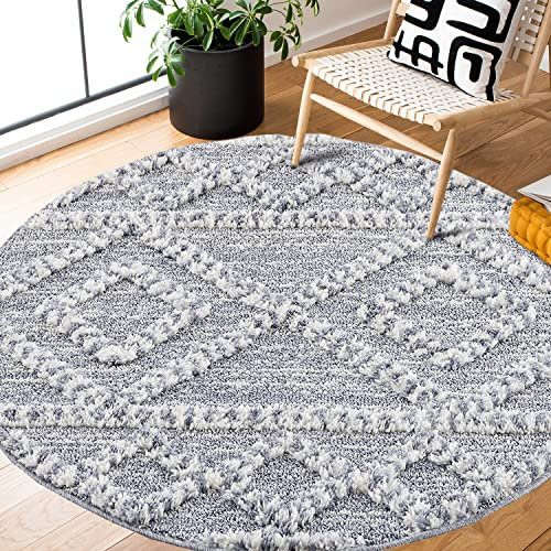 payé Teppich Rund - Hochflor - Boho - Pastellgrau Cream Grau - 160x160cm - Modern Raute Muster - Skandinavisch Flauschig Weich - Wohnteppich Schlafzimmer Dekoration