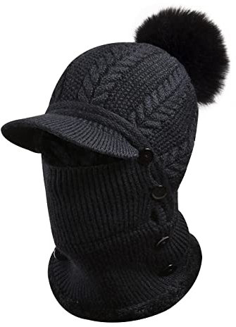 Heveer Warme Strickmütze Damen Flexible Wintermütze mit Halswärmer Krempe Verstellbare Gesichtsmaske Weichem Gefüttert für Outdoor Schwarz