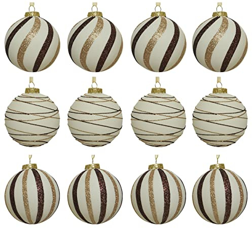 Kaemingk Weihnachtskugeln Glas 8cm x 12 Stück mit Streifen Muster Christbaumkugeln Wollweiß Braun
