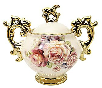 fanquare Floral Storage Jar with Lid, Coffee Tea Sugar Canister, Vintage Decoration Porcelain Vase with Gold Handle